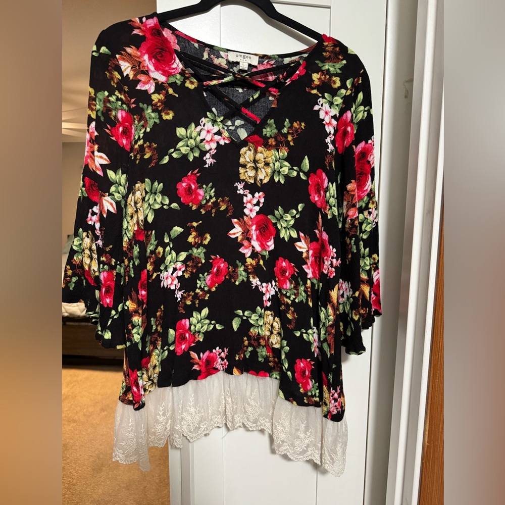 Umgee Black Floral Blouse with Red and Green Accents
